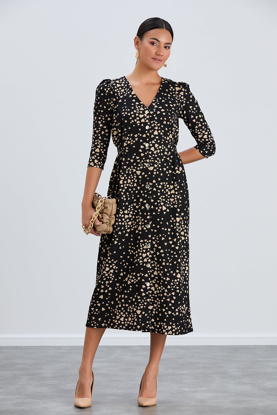 Shirt Midi Dress with Elasticated waist in Black print