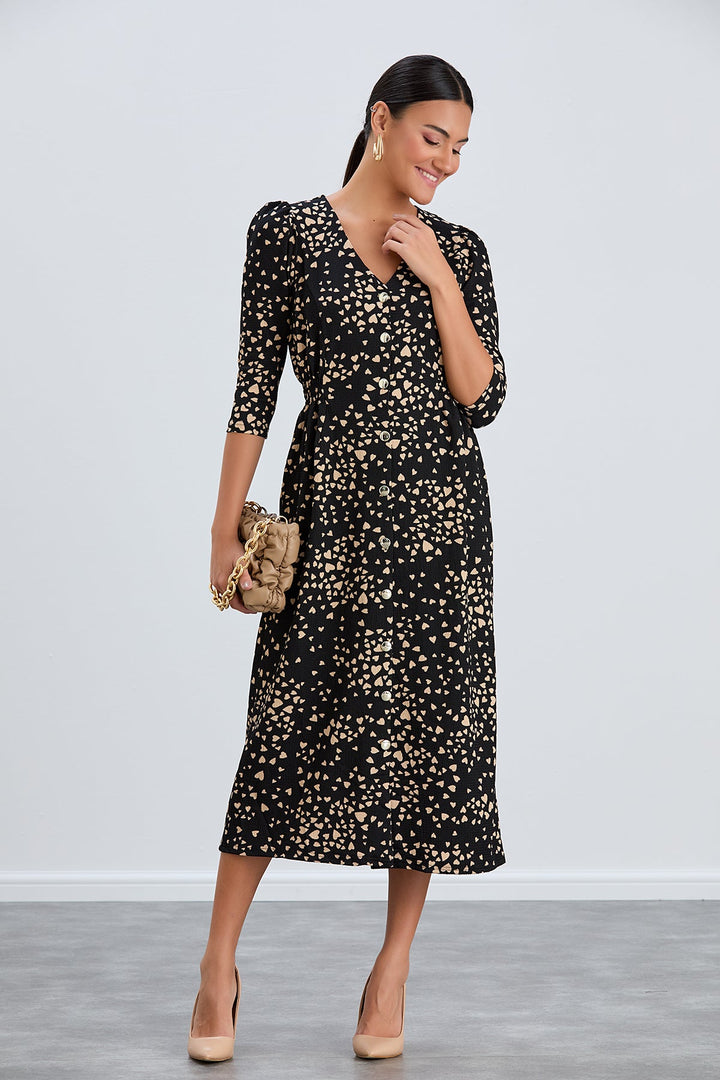 Shirt Midi Dress with Elasticated waist in Black print