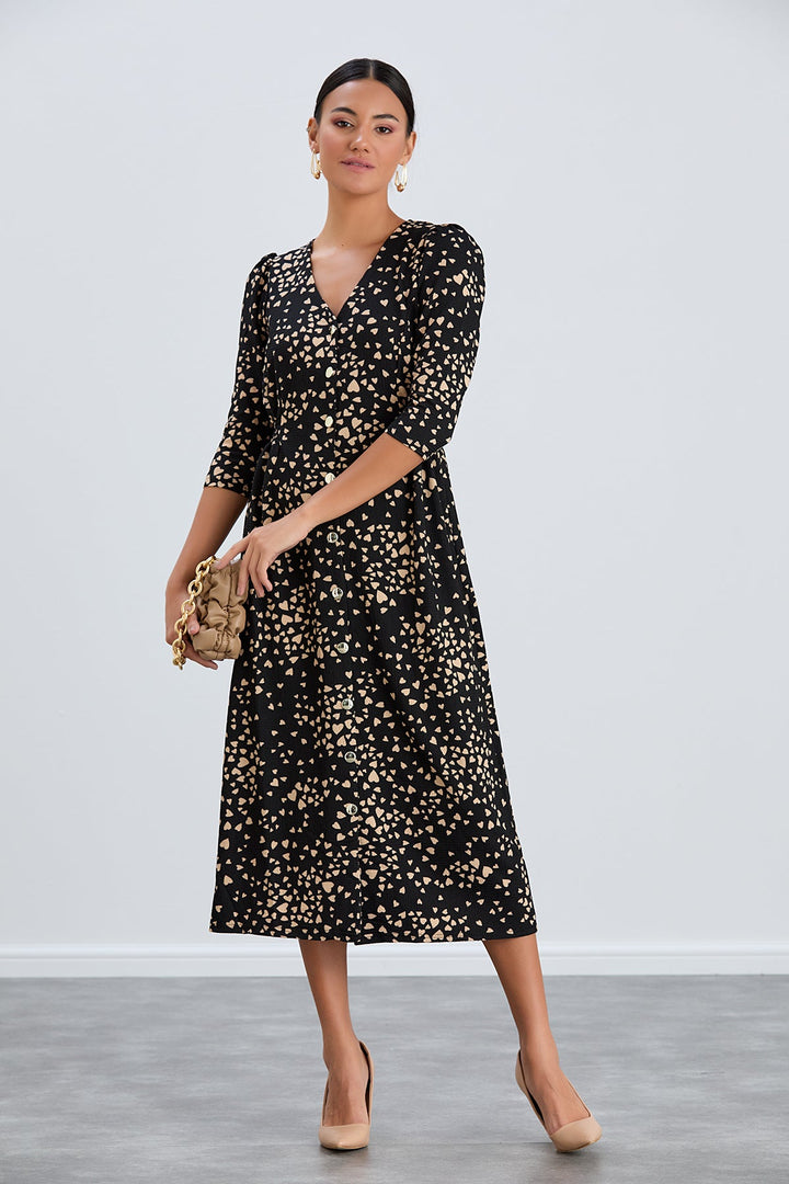 Shirt Midi Dress with Elasticated waist in Black print