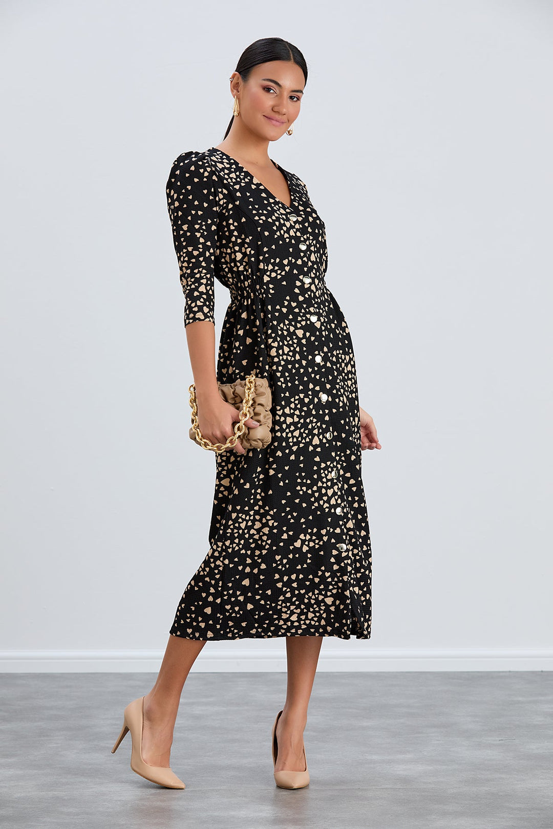 Shirt Midi Dress with Elasticated waist in Black print