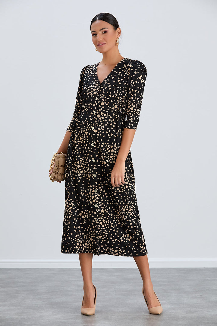 Shirt Midi Dress with Elasticated waist in Black print