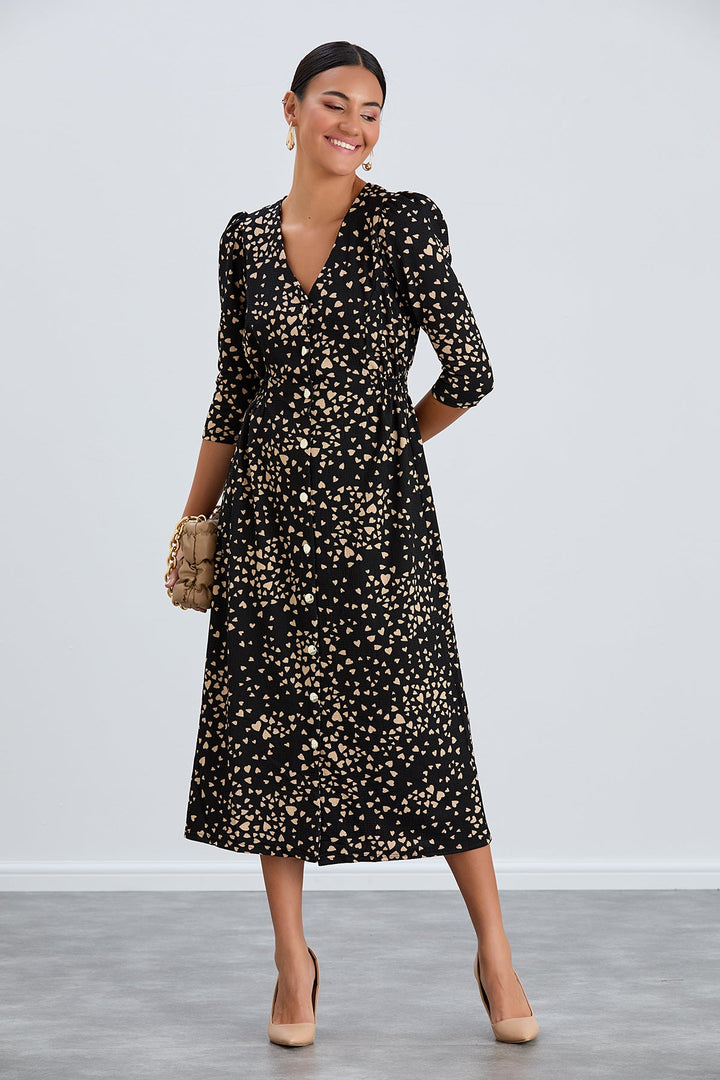 Shirt Midi Dress with Elasticated waist in Black print