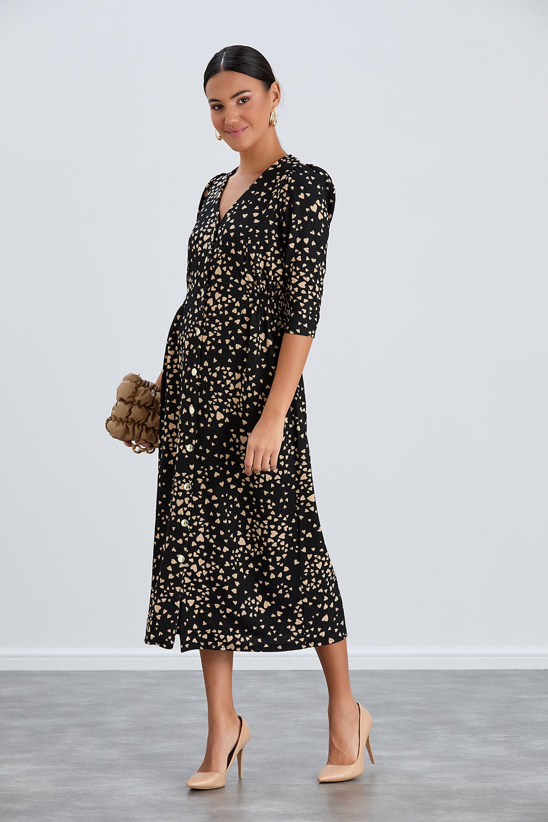 Shirt Midi Dress with Elasticated waist in Black print