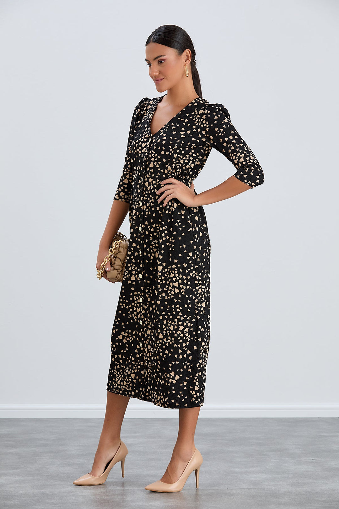 Shirt Midi Dress with Elasticated waist in Black print