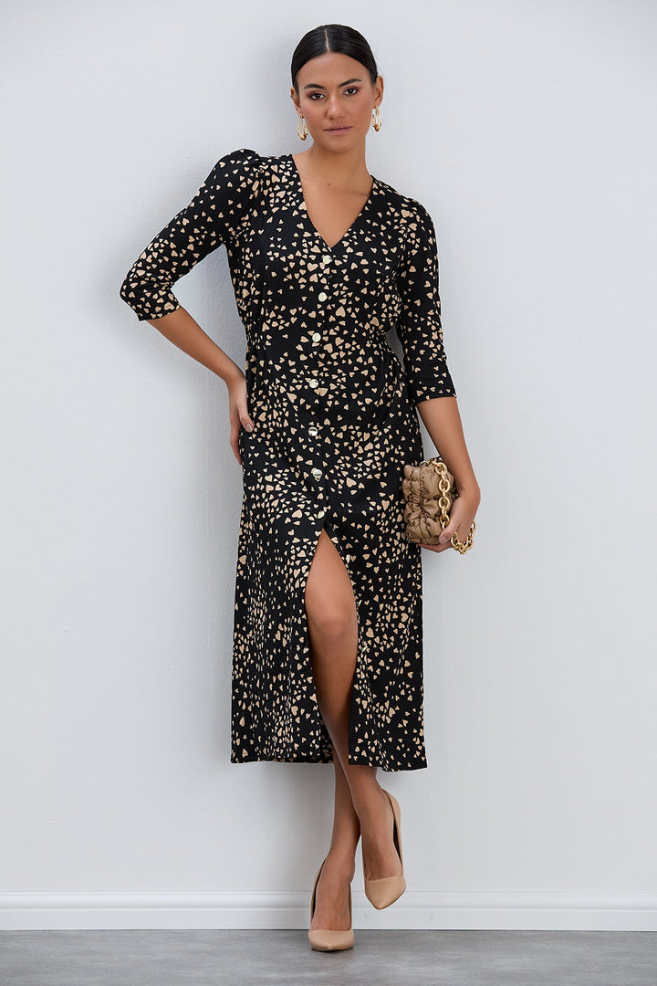 Shirt Midi Dress with Elasticated waist in Black print