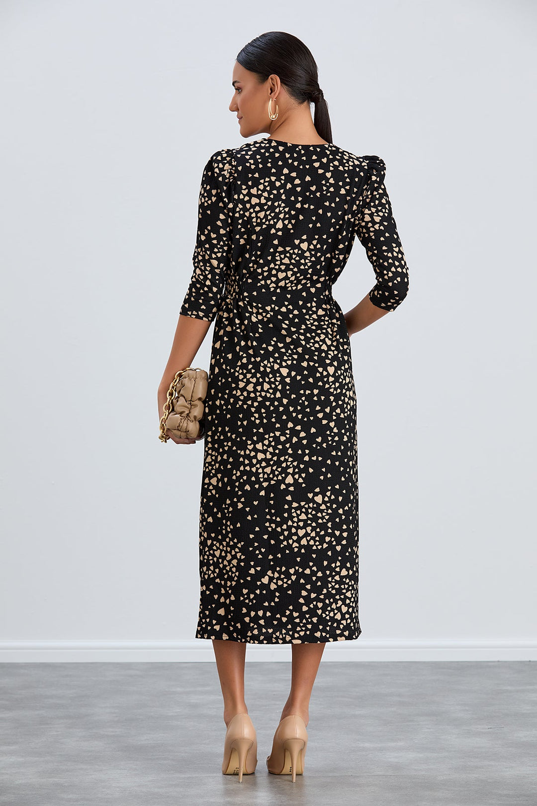 Shirt Midi Dress with Elasticated waist in Black print