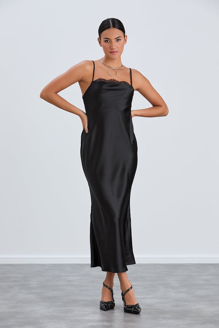 Satin Cami Midaxi Slip Dress with Lace in Black