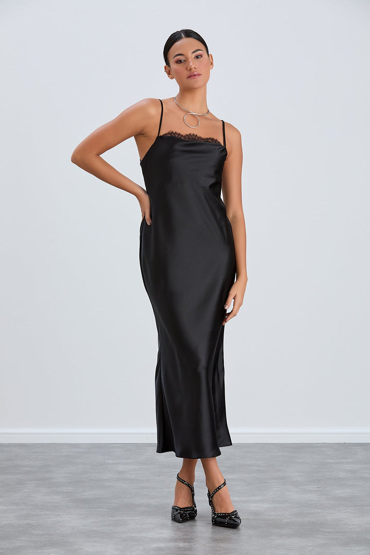 Satin Cami Midaxi Slip Dress with Lace in Black