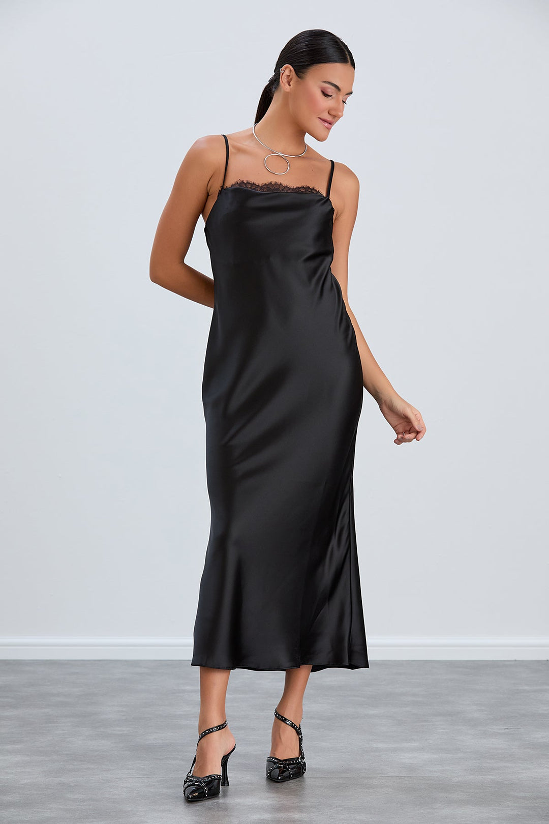 Satin Cami Midaxi Slip Dress with Lace in Black