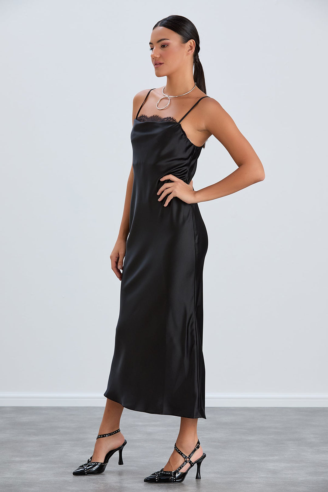 Satin Cami Midaxi Slip Dress with Lace in Black