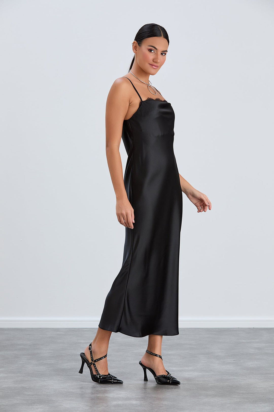 Satin Cami Midaxi Slip Dress with Lace in Black