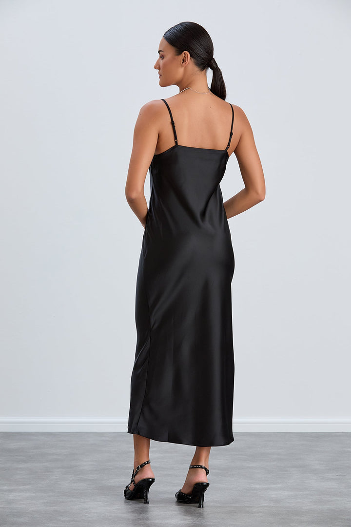 Satin Cami Midaxi Slip Dress with Lace in Black