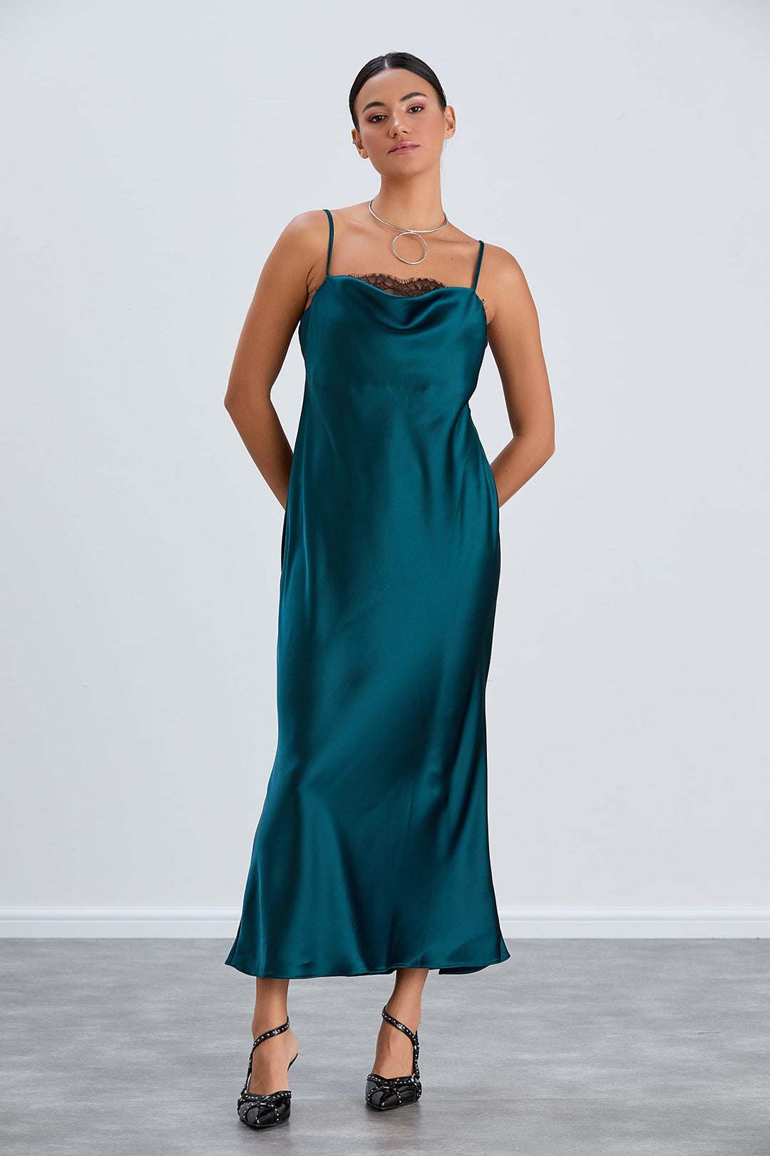 Satin Cami Midaxi Slip Dress with Lace in Green