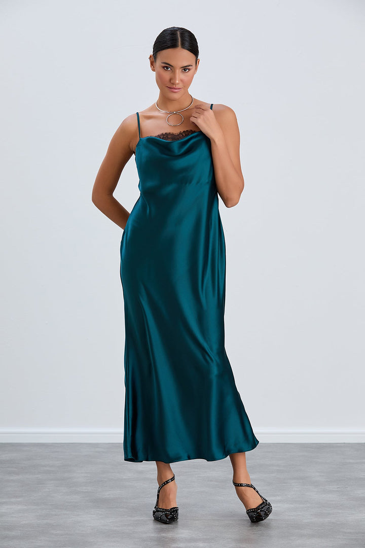 Satin Cami Midaxi Slip Dress with Lace in Green