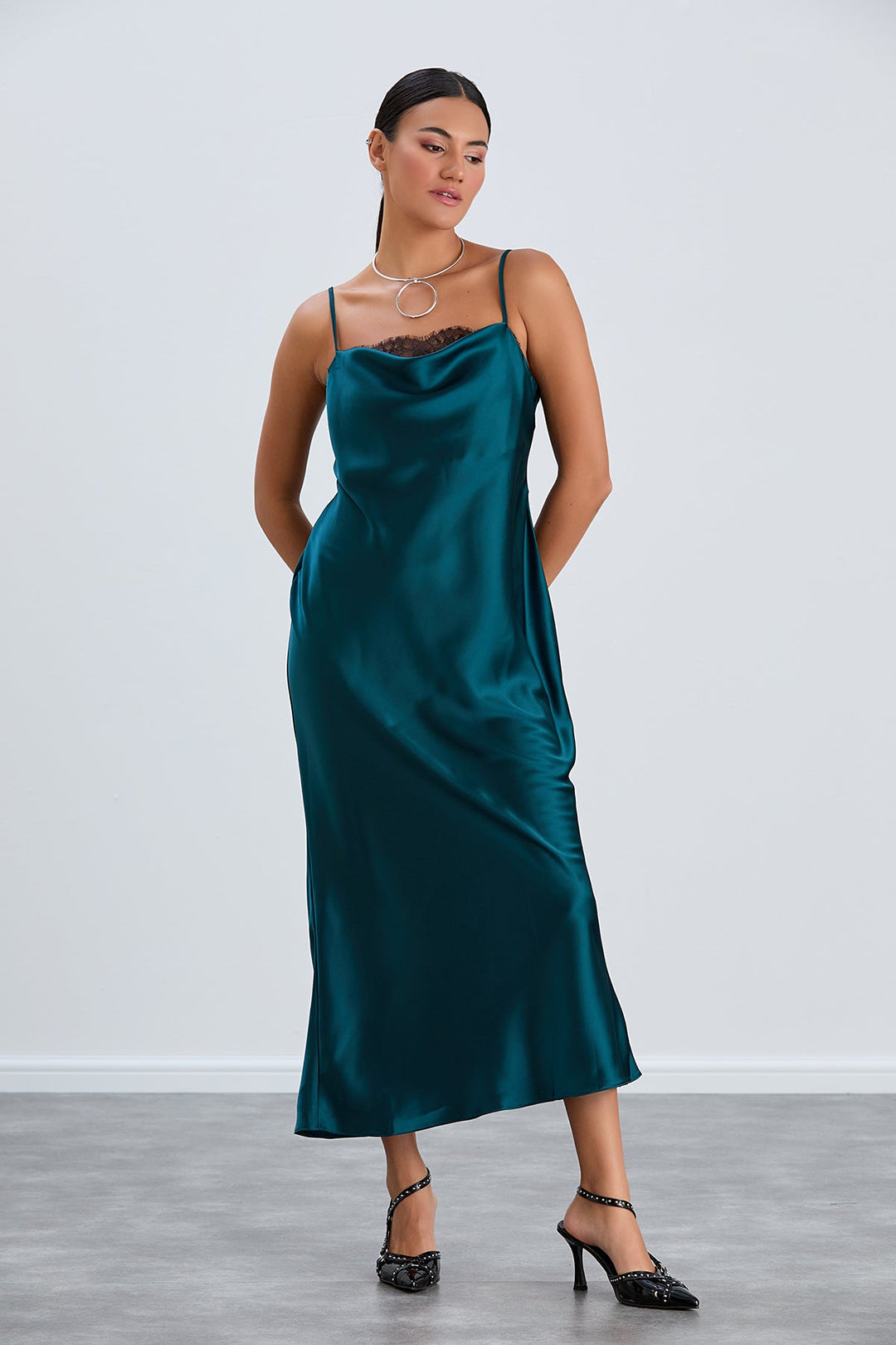 Satin Cami Midaxi Slip Dress with Lace in Green