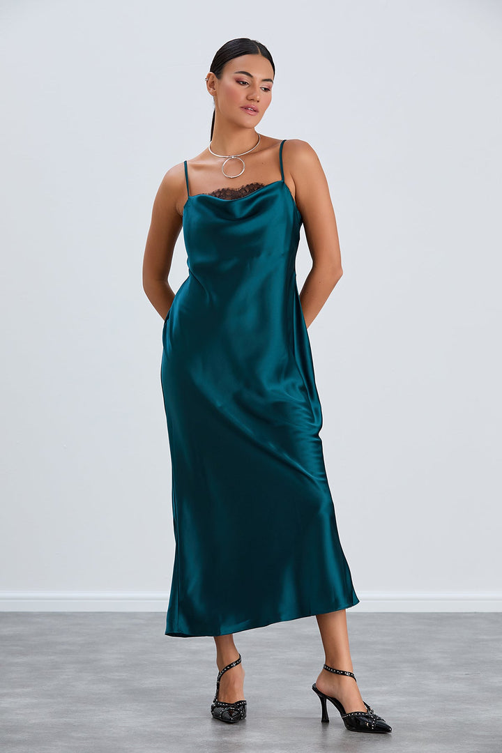 Satin Cami Midaxi Slip Dress with Lace in Green