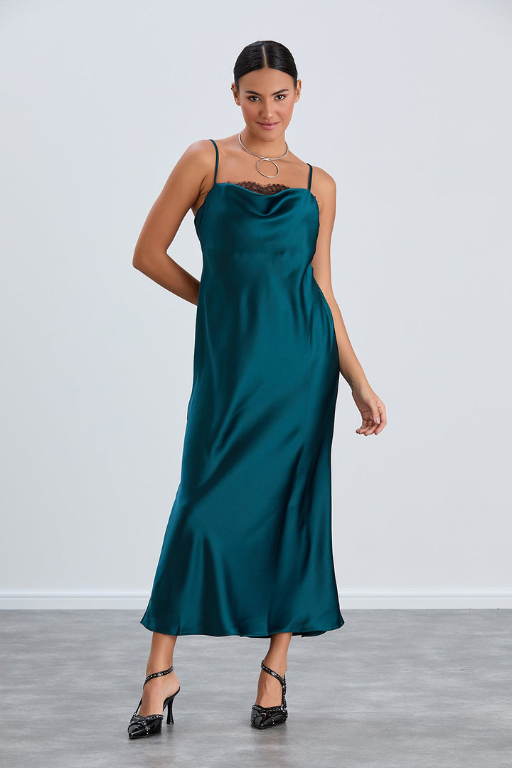 Satin Cami Midaxi Slip Dress with Lace in Green