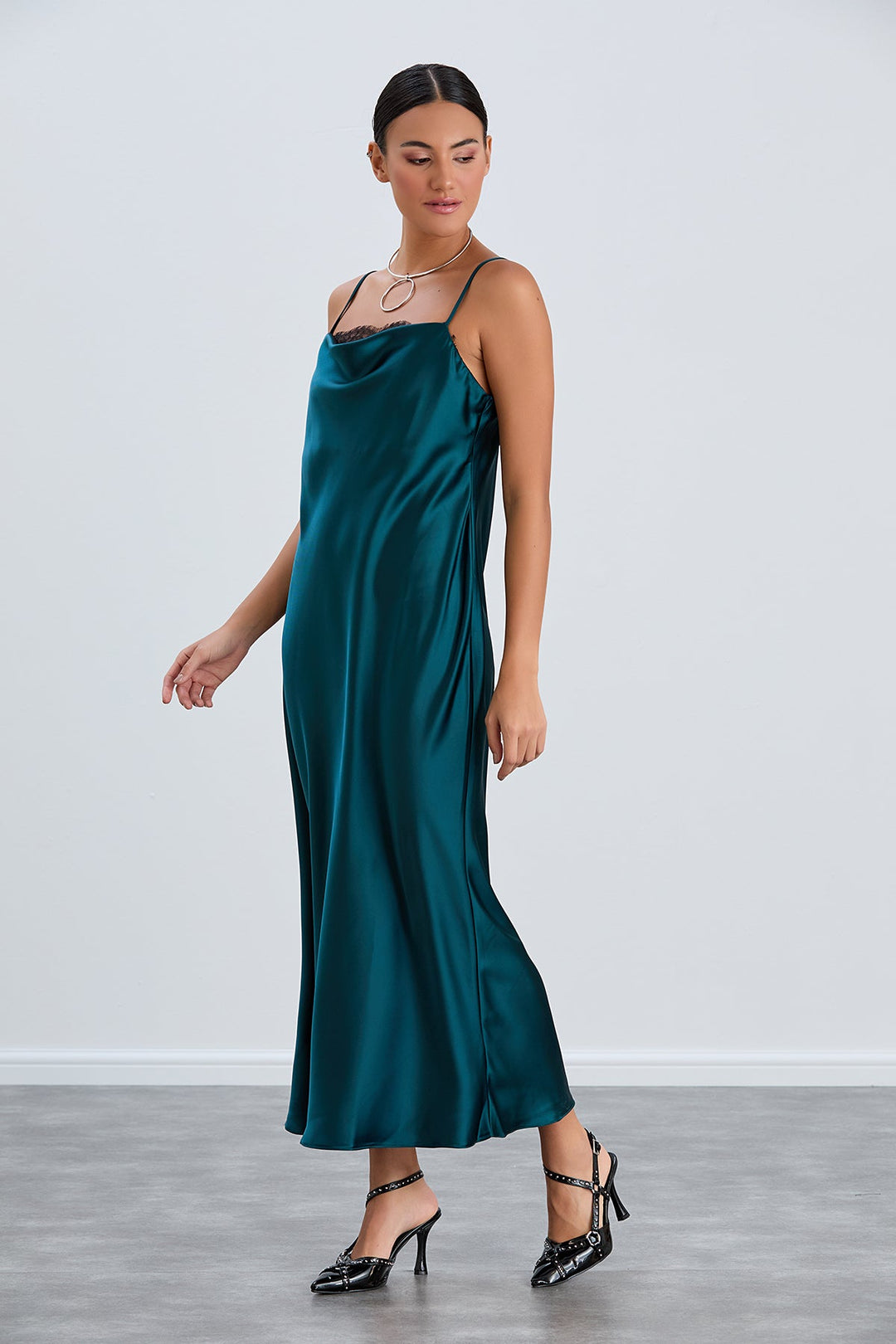 Satin Cami Midaxi Slip Dress with Lace in Green