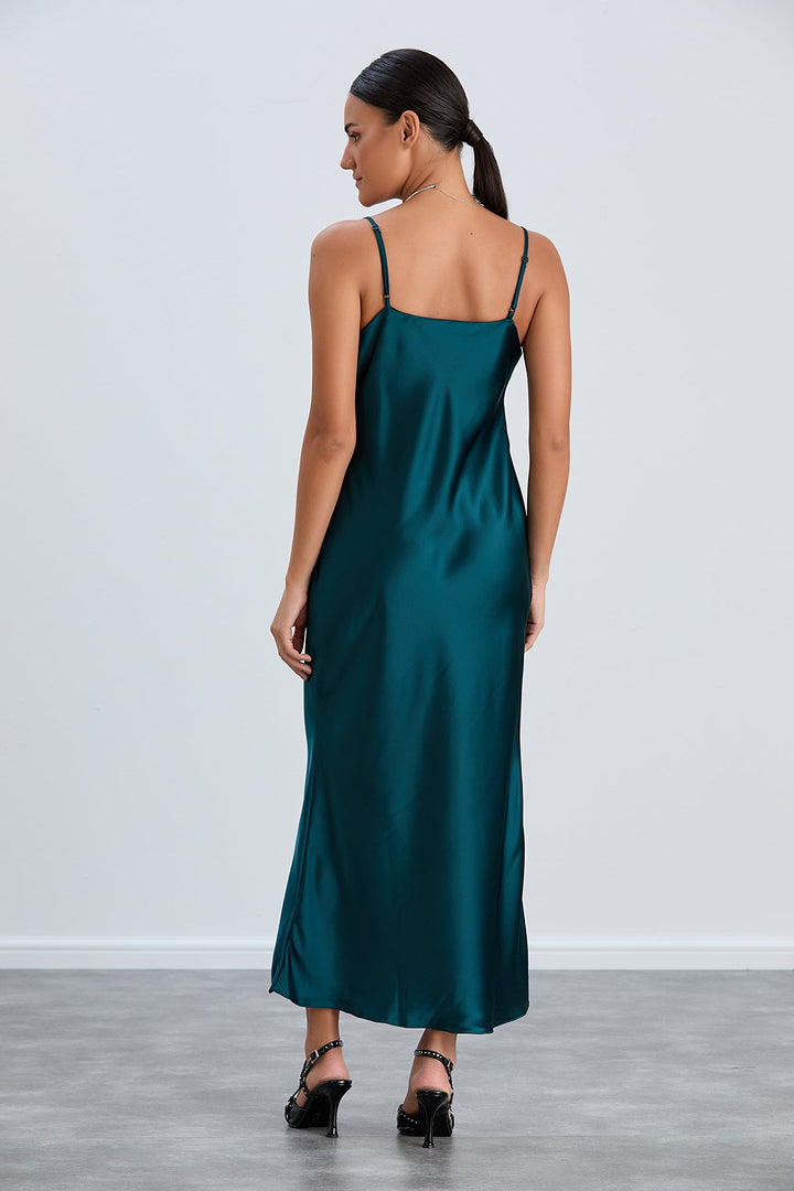 Satin Cami Midaxi Slip Dress with Lace in Green