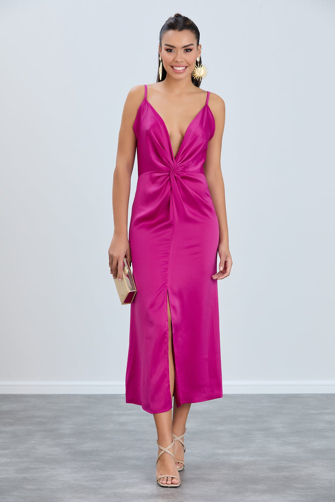 Twist Satin Slip Cami Midi Dress in Fuchsia - jqwholesale.com