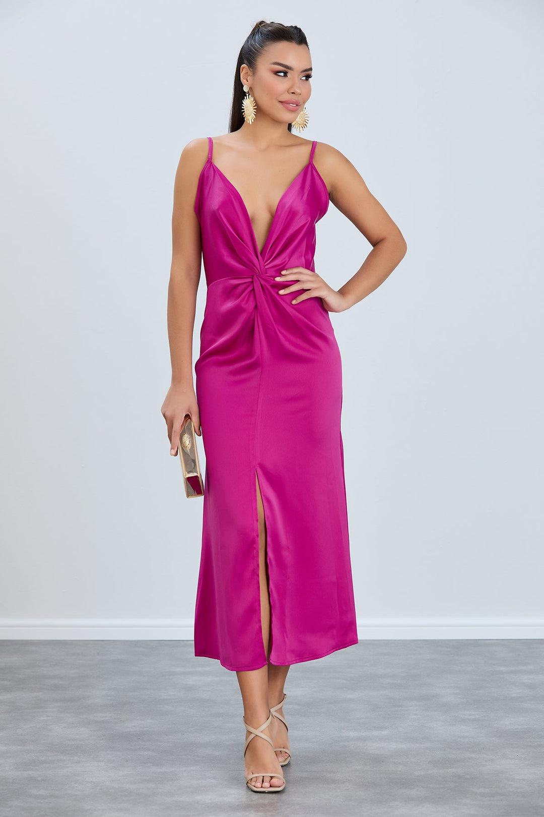 Twist Satin Slip Cami Midi Dress in Fuchsia - jqwholesale.com