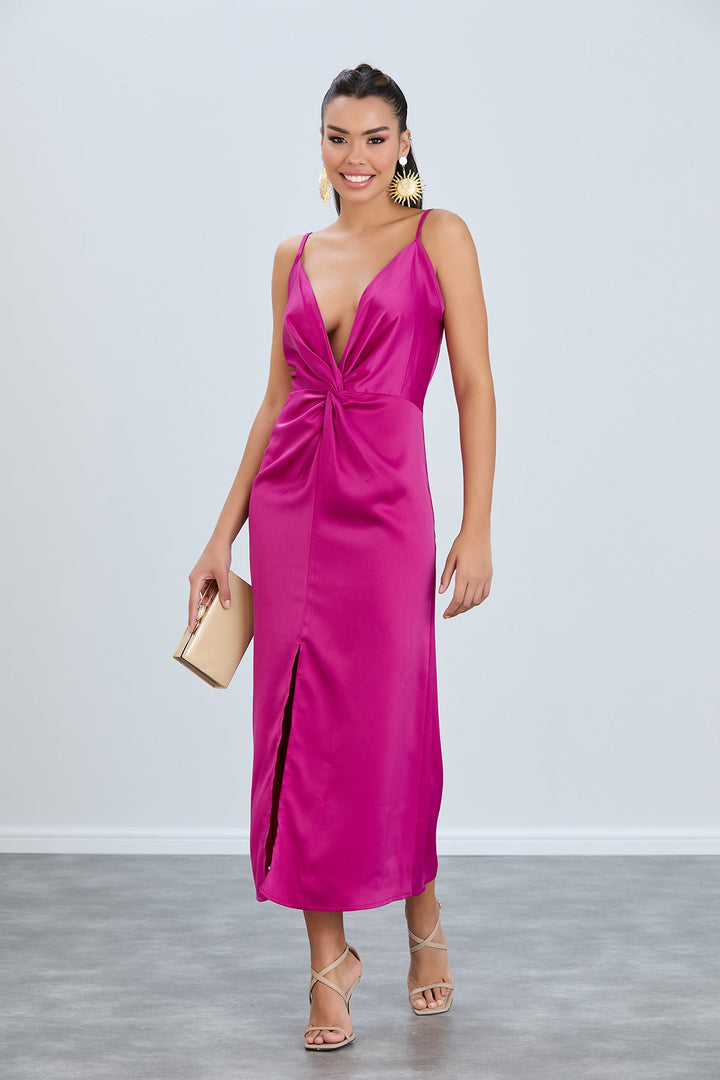 Twist Satin Slip Cami Midi Dress in Fuchsia - jqwholesale.com