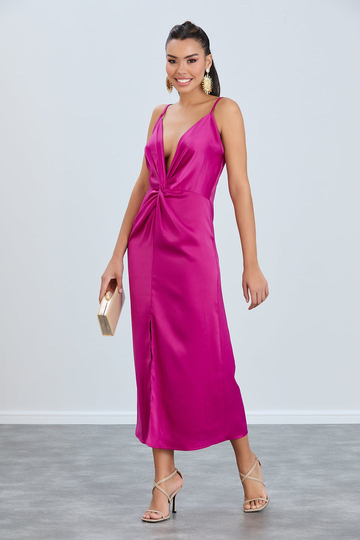 Twist Satin Slip Cami Midi Dress in Fuchsia - jqwholesale.com