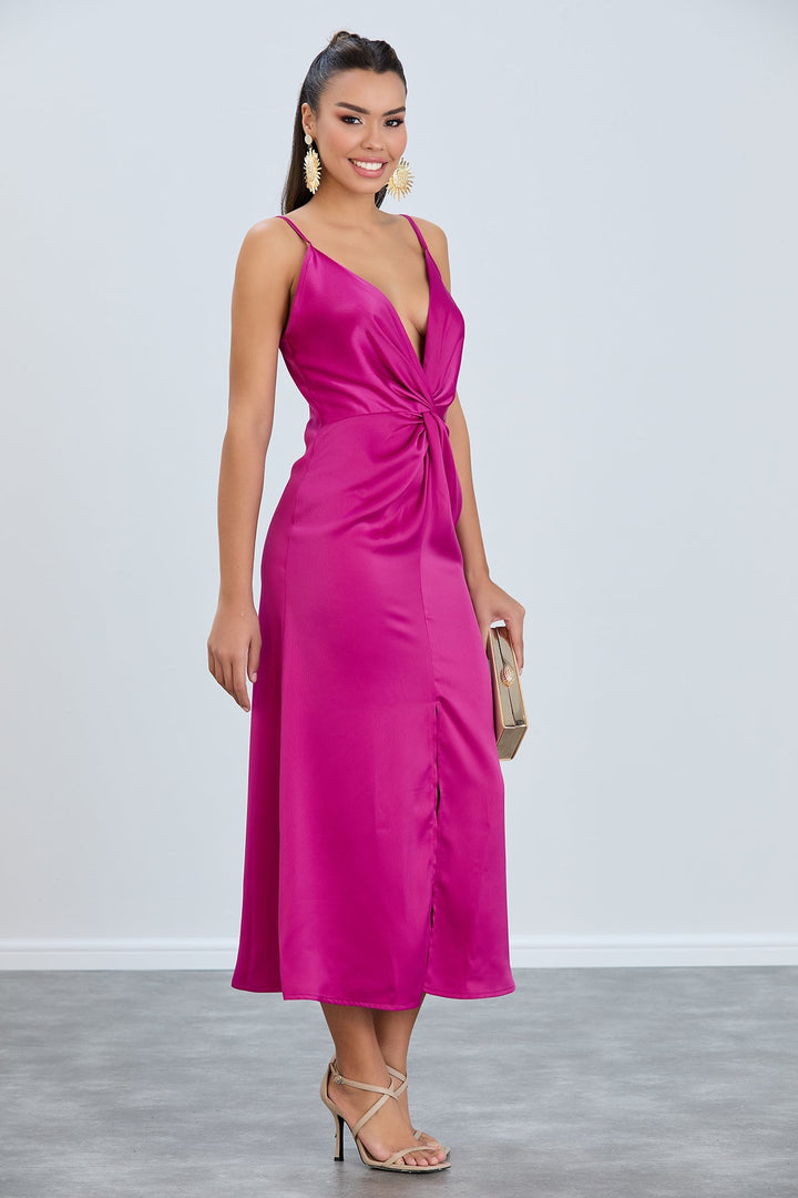 Twist Satin Slip Cami Midi Dress in Fuchsia - jqwholesale.com