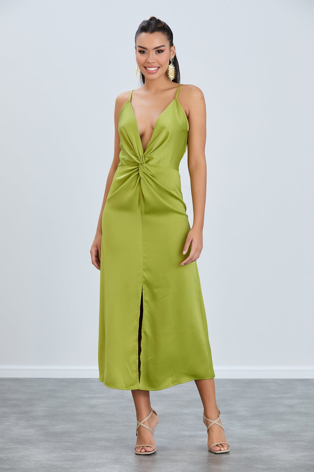 Twist Satin Slip Cami Midi Dress in Green - jqwholesale.com