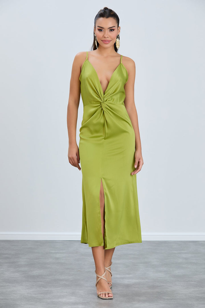 Twist Satin Slip Cami Midi Dress in Green - jqwholesale.com