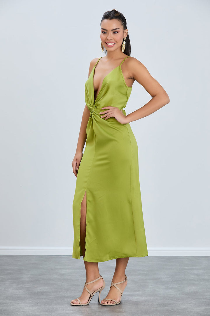 Twist Satin Slip Cami Midi Dress in Green - jqwholesale.com