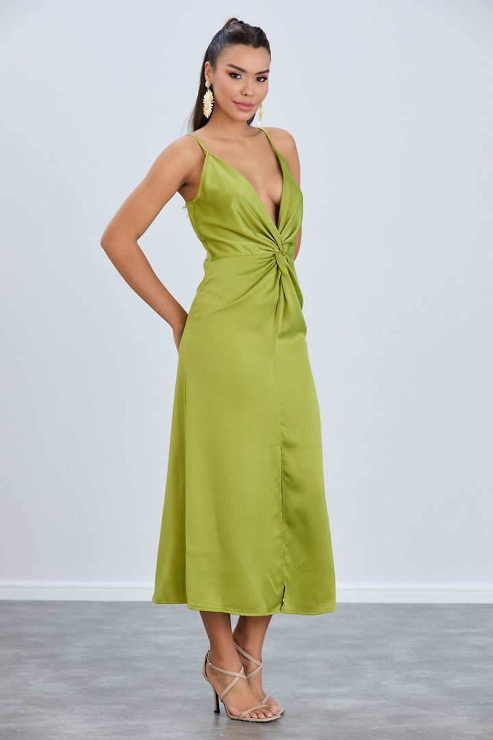 Twist Satin Slip Cami Midi Dress in Green - jqwholesale.com