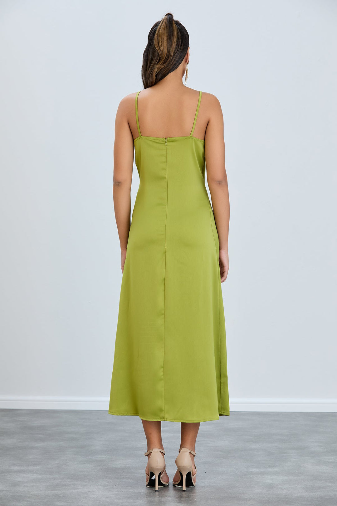 Twist Satin Slip Cami Midi Dress in Green - jqwholesale.com