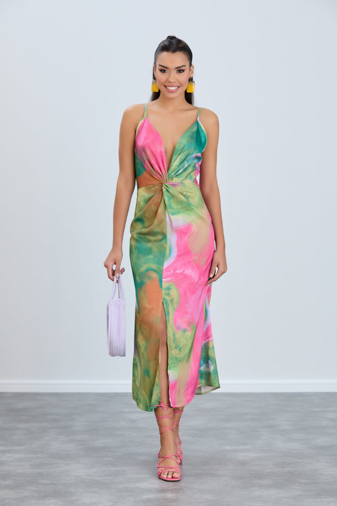 Twist Satin Slip Cami Midi Dress in Ocean Fuchsia print - jqwholesale.com