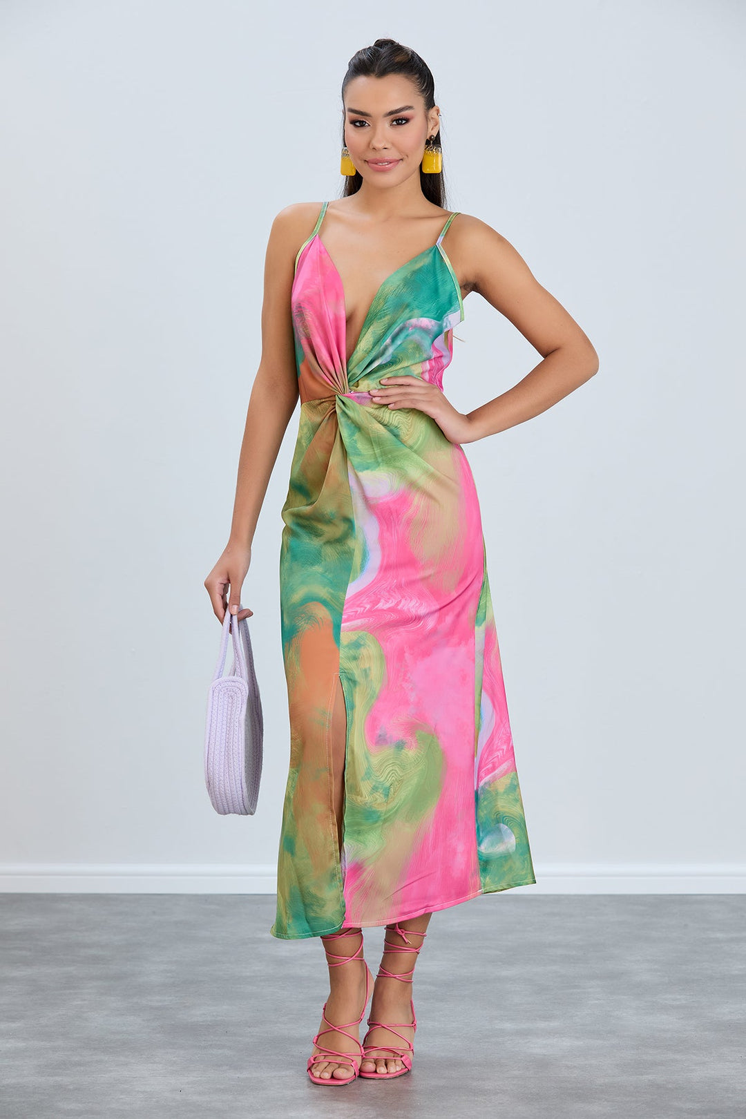 Twist Satin Slip Cami Midi Dress in Ocean Fuchsia print - jqwholesale.com