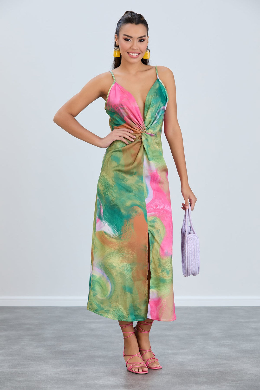 Twist Satin Slip Cami Midi Dress in Ocean Fuchsia print - jqwholesale.com