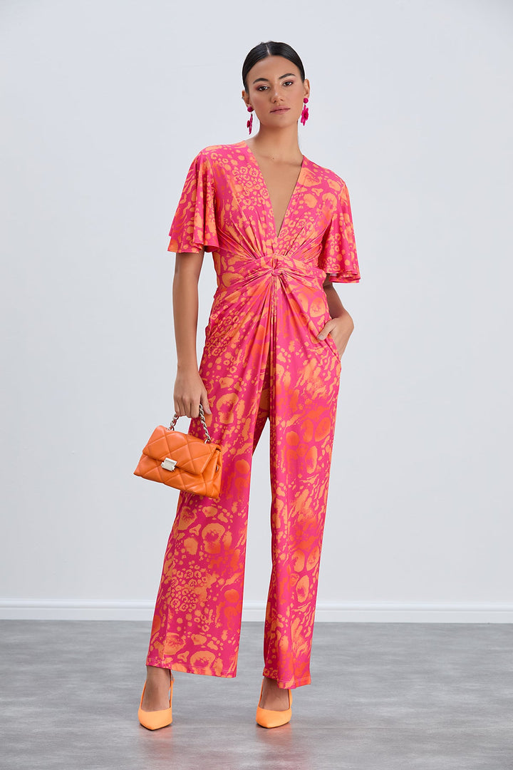 Angel Sleeve Twist Maxi Jumpsuit in Tropical Fuchsia print