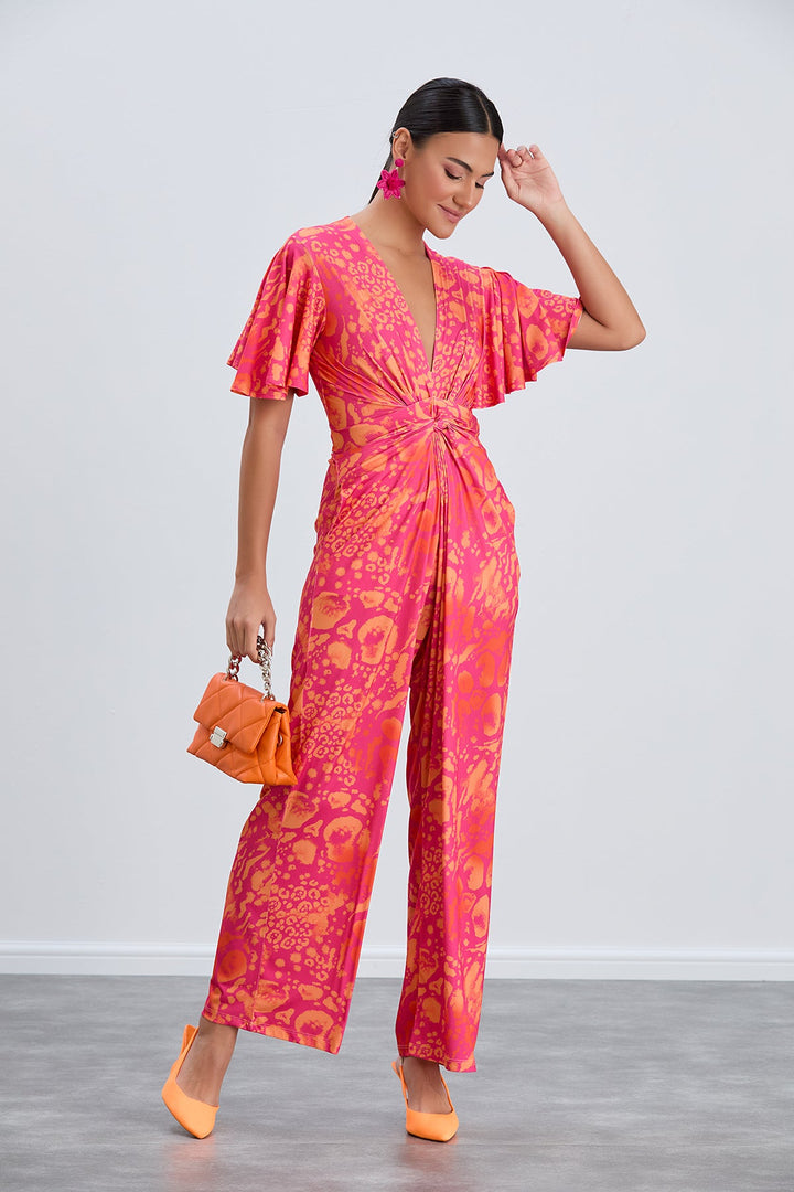 Angel Sleeve Twist Maxi Jumpsuit in Tropical Fuchsia print