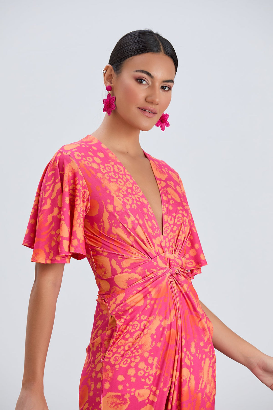 Angel Sleeve Twist Maxi Jumpsuit in Tropical Fuchsia print