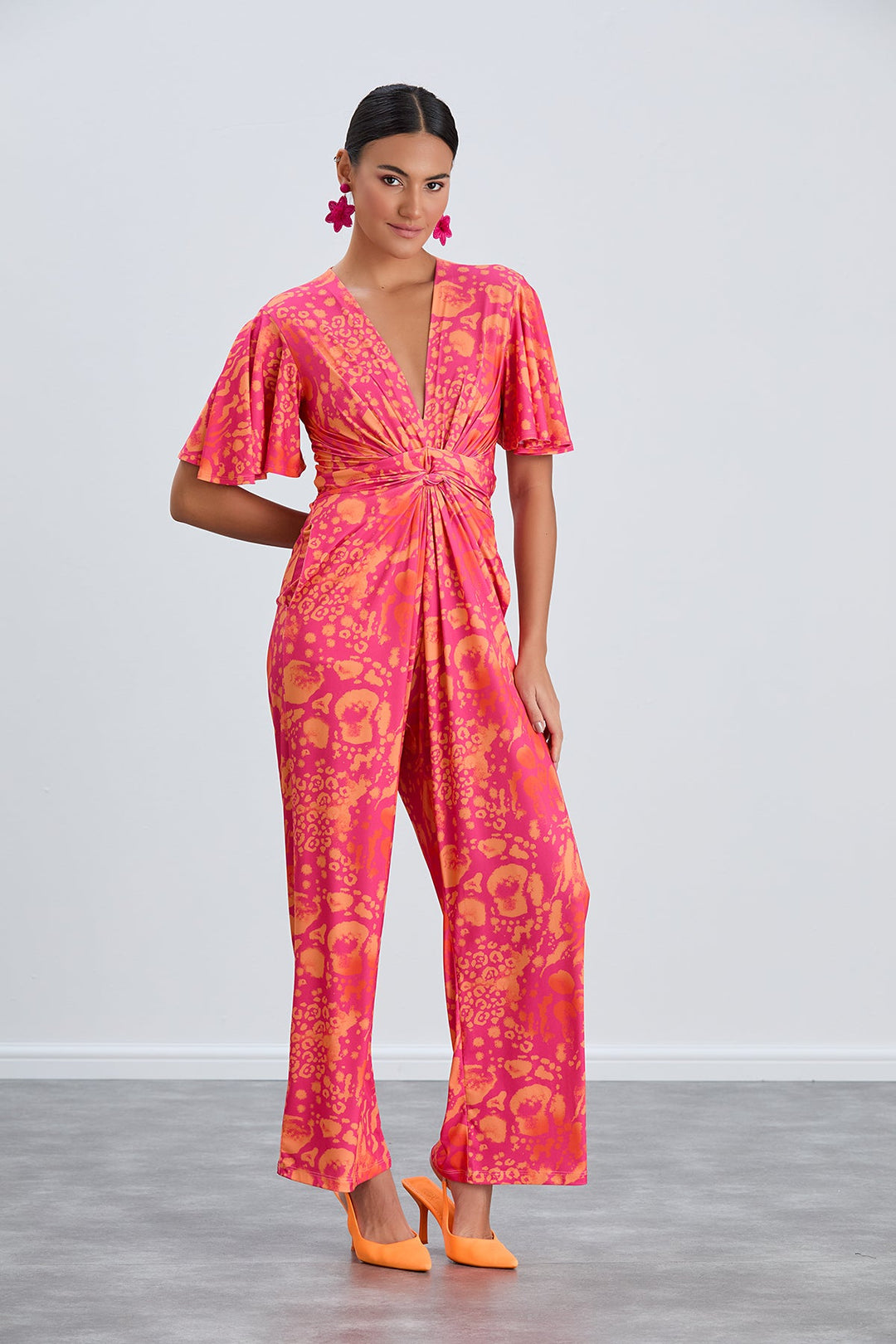 Angel Sleeve Twist Maxi Jumpsuit in Tropical Fuchsia print