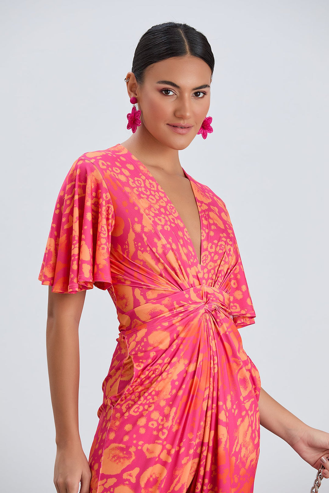 Angel Sleeve Twist Maxi Jumpsuit in Tropical Fuchsia print