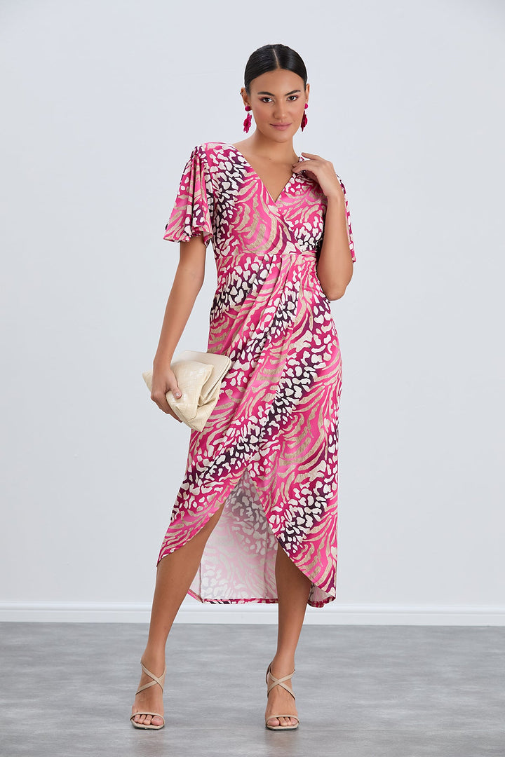 Angel Sleeve Wrap Style Midi Dress in Fuchsia Animal print