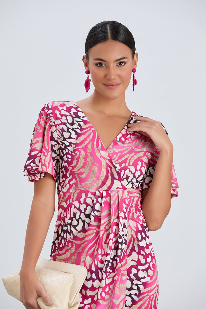 Angel Sleeve Wrap Style Midi Dress in Fuchsia Animal print