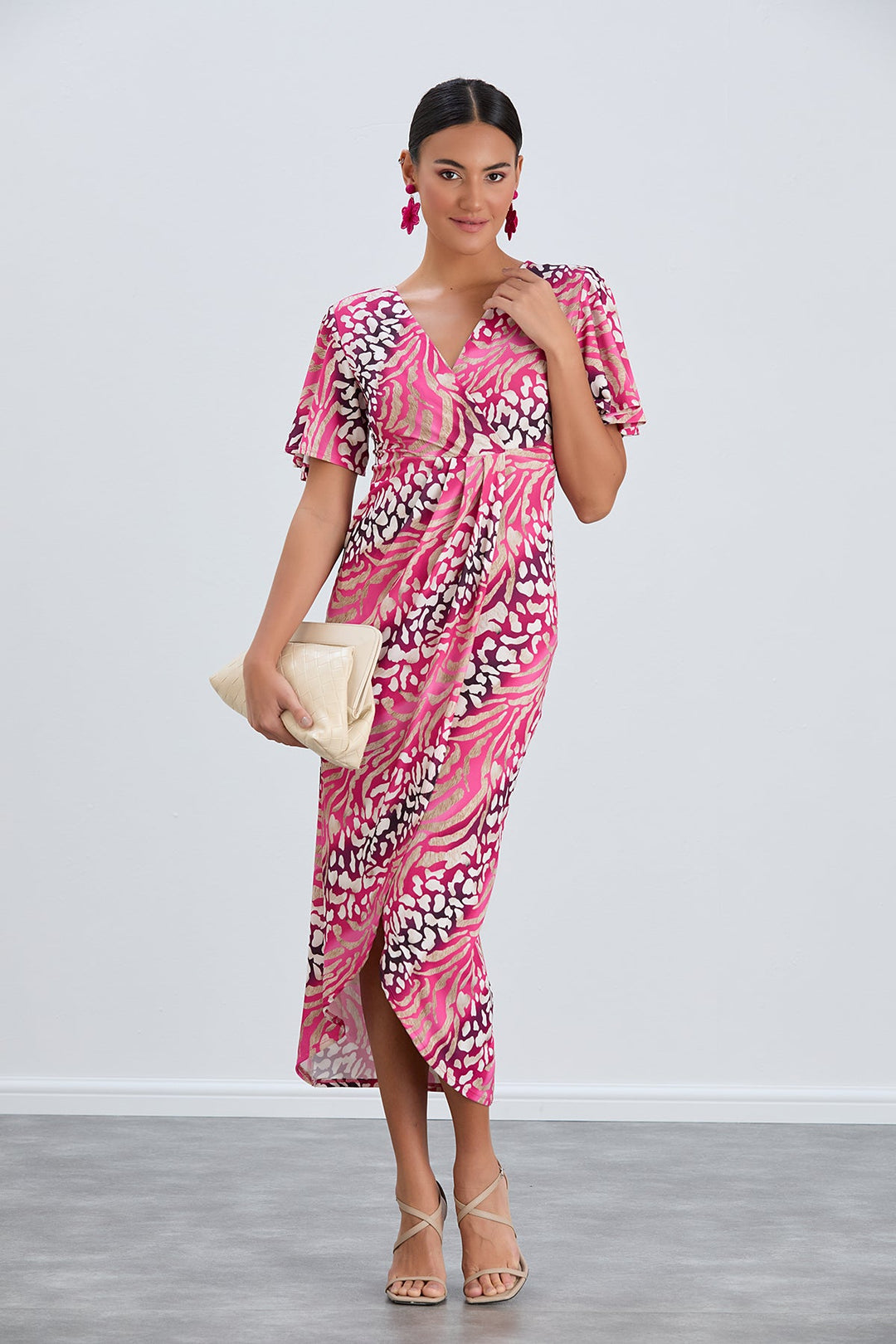 Angel Sleeve Wrap Style Midi Dress in Fuchsia Animal print