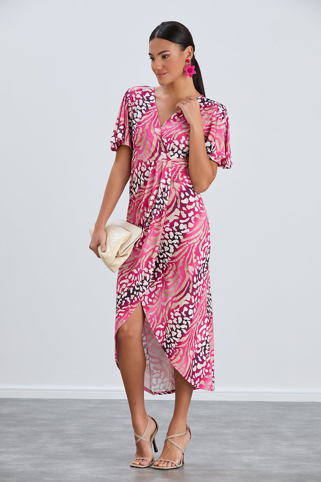 Angel Sleeve Wrap Style Midi Dress in Fuchsia Animal print