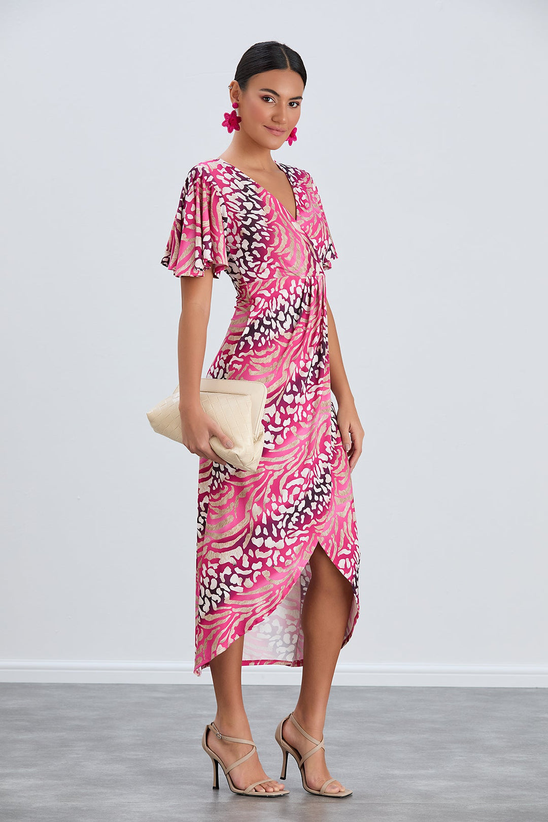 Angel Sleeve Wrap Style Midi Dress in Fuchsia Animal print