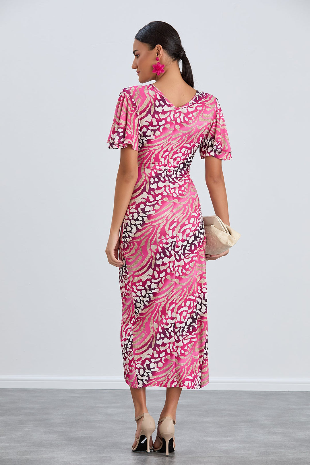 Angel Sleeve Wrap Style Midi Dress in Fuchsia Animal print