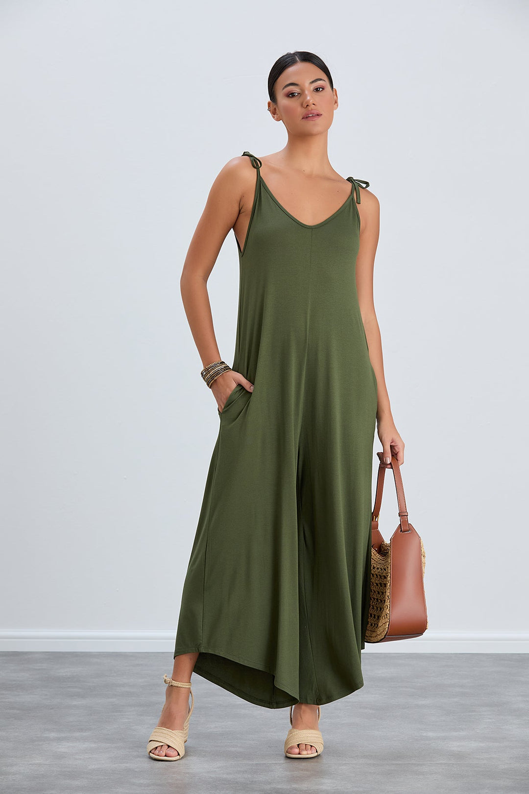 Cozy Loose fit Oversize Wide leg Jumpsuit in Khaki