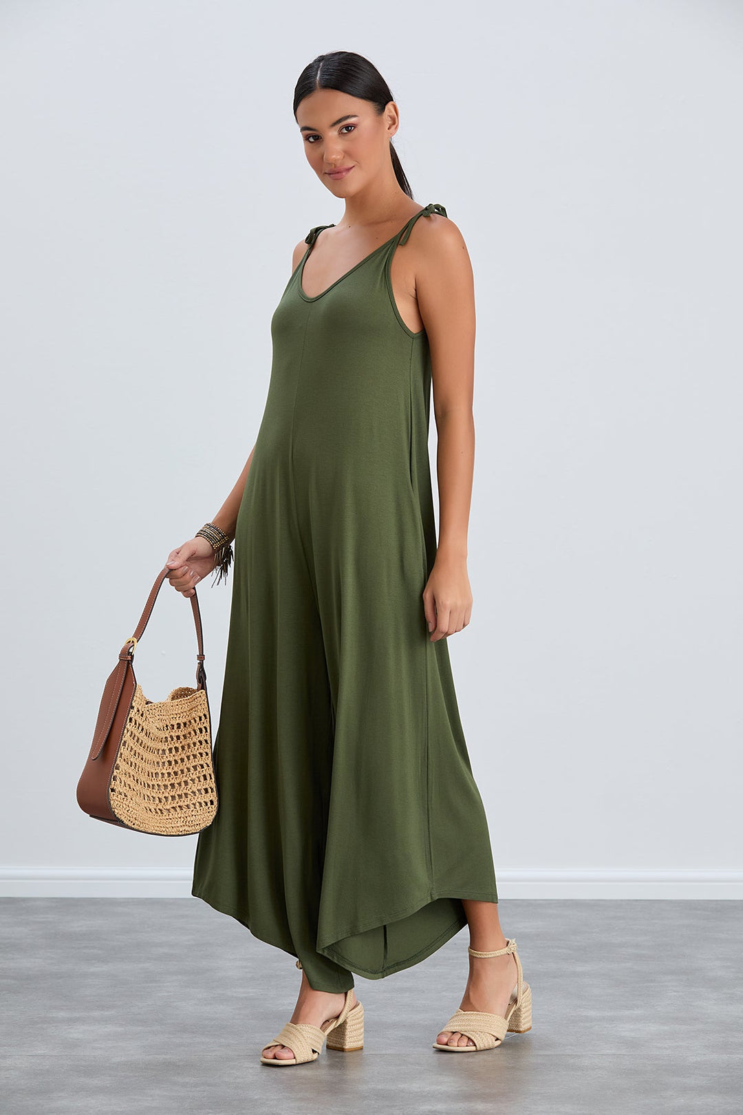 Cozy Loose fit Oversize Wide leg Jumpsuit in Khaki