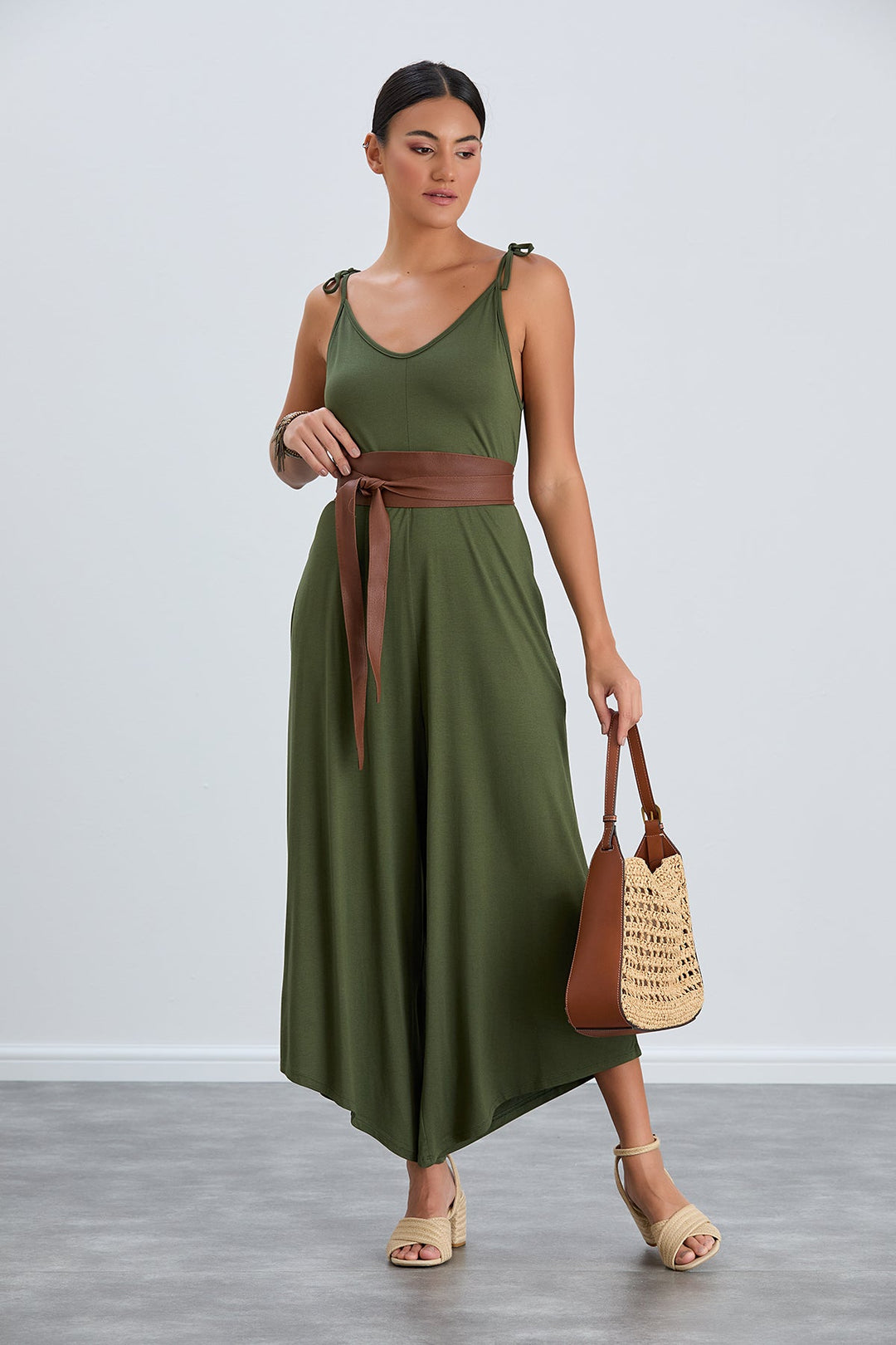 Cozy Loose fit Oversize Wide leg Jumpsuit in Khaki